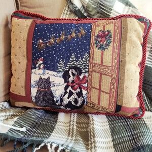 Vintage Christmas Woven Tapestry Throw Pillow Dog Cat Winter Scene